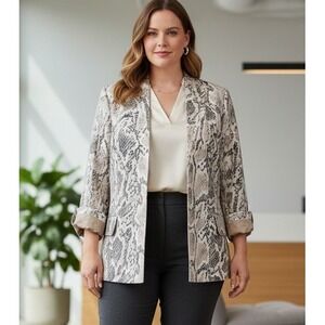 Vtg LOUBEN Canada 14 Snake Print Textured Linen Blazer Open Front Edgy Classy